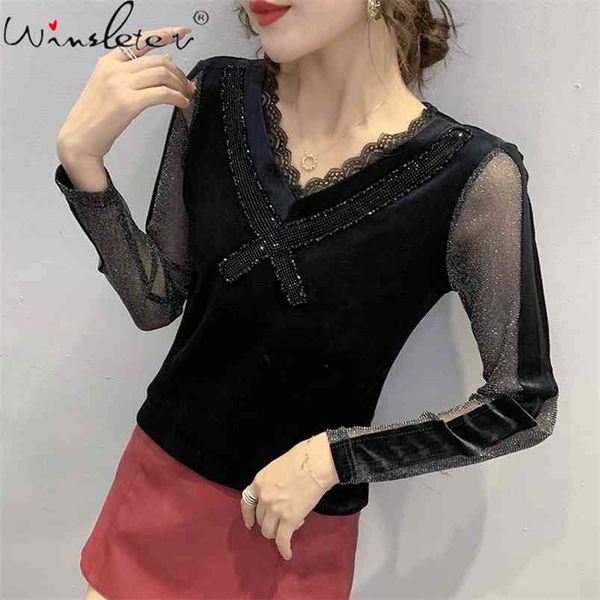 

spring fall european clothes t-shirt girl fashion v-neck shiny beads velvet patchwork mesh women pullover tees t11307a 210421, White