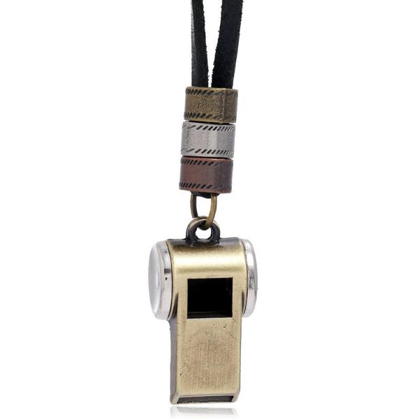 

handmade vintage alloy whistle pendant necklace genuine leather rope chain necklaces men&women punk jewelry accessories, Silver