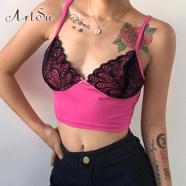 

women's tanks & camis black lace pink crop sweet e-girl patchwork cami summer strap deep v neck backless streetwear ve52, White