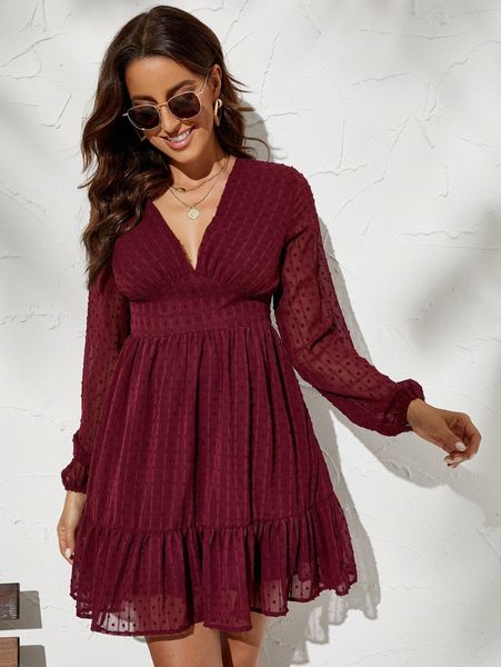 

plunging neck swiss dot lantern sleeve dress z1lf#, Black;gray