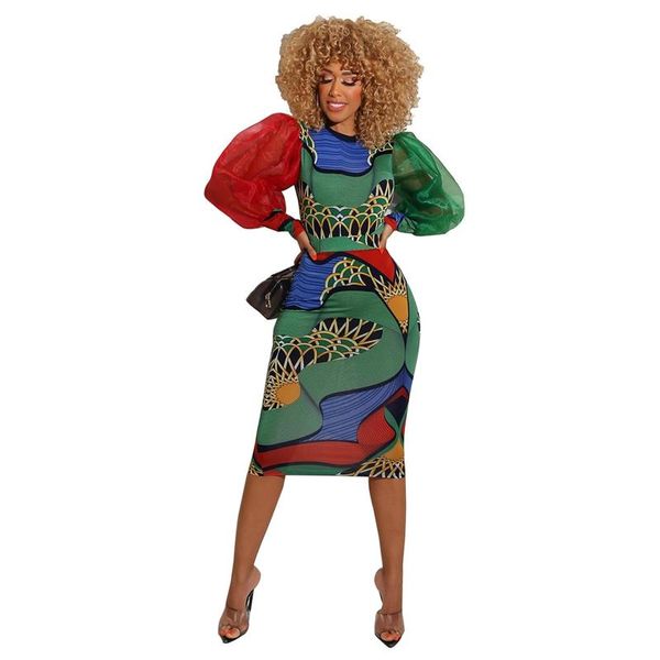 

lantern sleeve mesh printed dress 2021 autumn women o neck bodycon party midi elegant offfice lady casual dresses, Black;gray