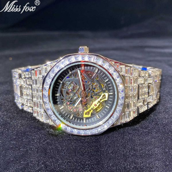 

missfox watch hip hop high end all square drill full drill luminous hollow out mechanical watch men's watch, Slivery;brown