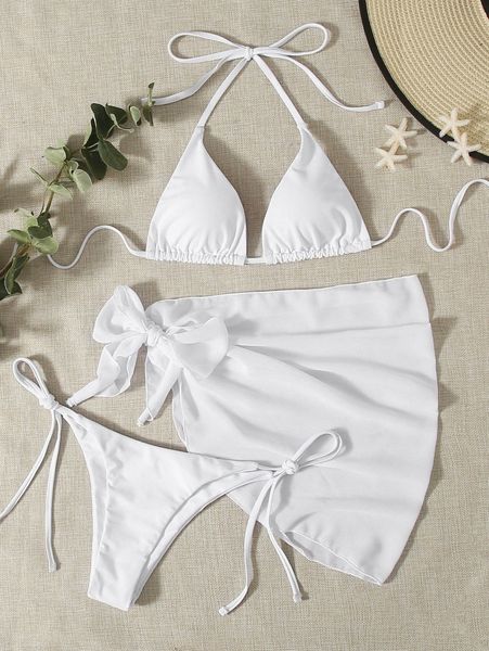 

3pack triangle tie side bikini swimsuit & beach skirt j2bw#, White;black