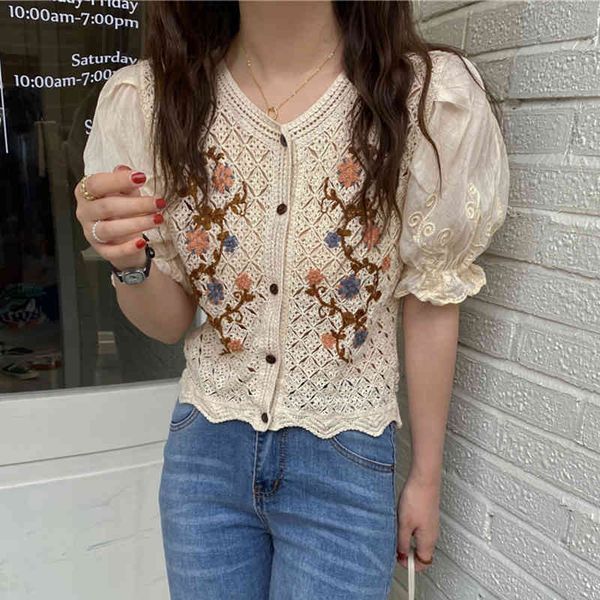 

lucyever vintage hollow out crochet floral blouses women summer fashion puff short sleeve shirts woman korean solid chic 210521, White