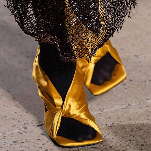 

sandals gold wrapped satin vintage square toe dress women's high heel summer mules designer shoes woman fashion slippers, Black