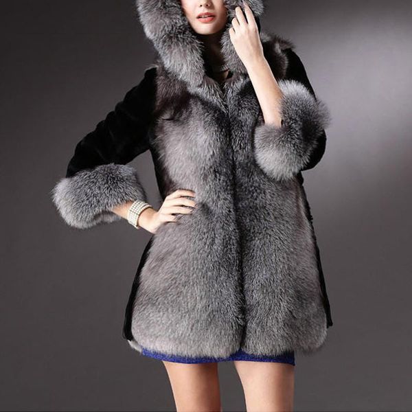 

women's fur & faux hooded plush coat for women winter long sleeves thick warm jacket type v-neck outerwear overcoat casual clothing, Black