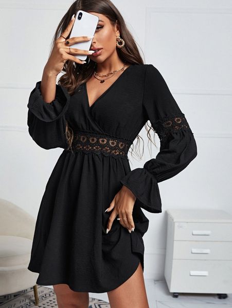 

guipure lace insert flounce sleeve dress t84a#, Black;gray