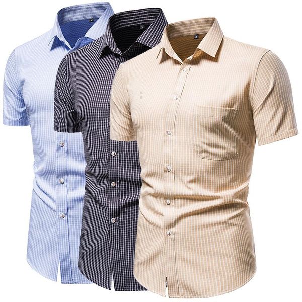 

plaid shirts for men casual slim fit social short sleeve clothing business brand male regular-fit classic broadcloth men's dress, White;black