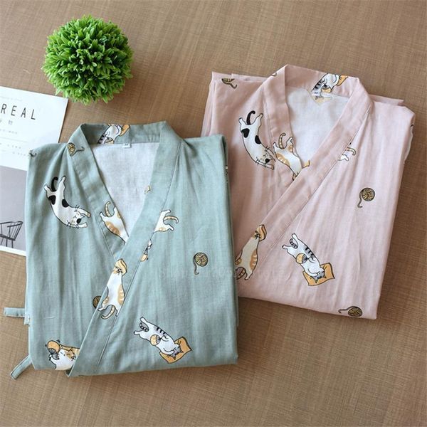 

japanese style kimono yukata cotton cute animal print pajams sleepwear leisure woman lovers bathrobe nightgowns ethnic clothing, Red