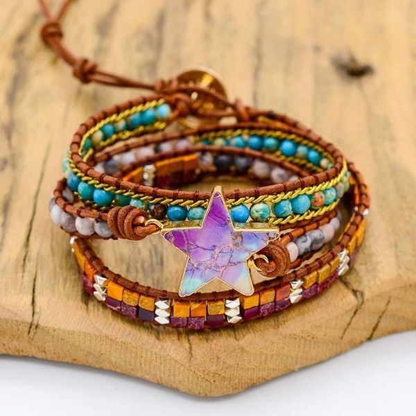 

charm bracelets 4unik women fashion star leather wrap natural stone multilayers statement bracelet teengirl jewelry bijoux 4un-b333, Golden;silver