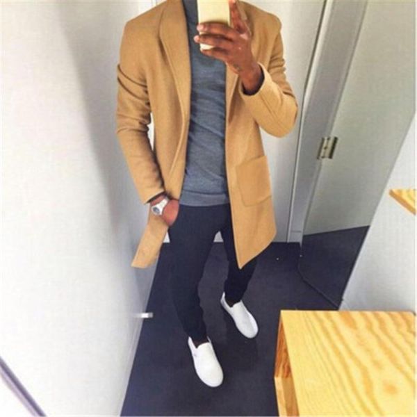 

mens woolen coat fashion occident trend solid colors long sleeve cardigan windbreaker outerwear male spring casual lapel mid-length coats, Black