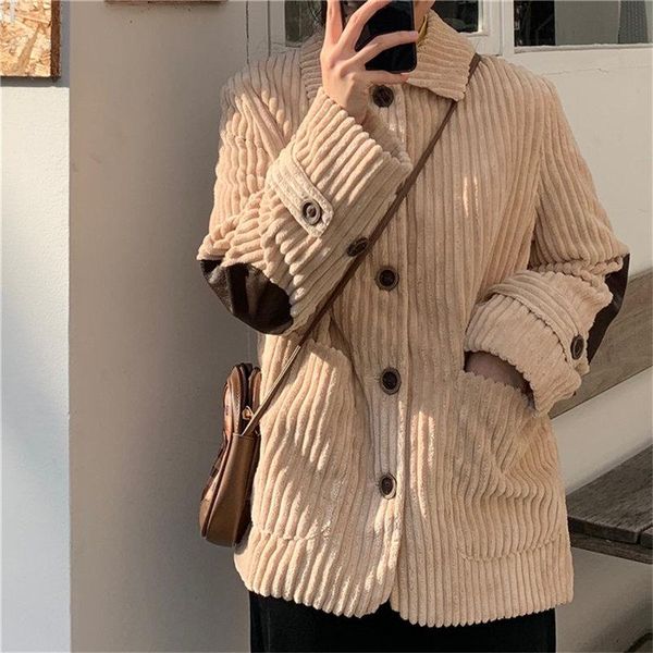 

women's jackets khaki women corduroy patchwork vintage warm 2021 feminine chic loose autumn retro casual fresh high street coats, Black;brown