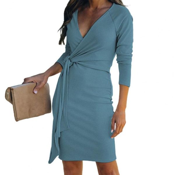

casual dresses women dress ribbing deep v neck spring autumn solid color long sleeve lace-up soft mini bodycon streetwear, Black;gray