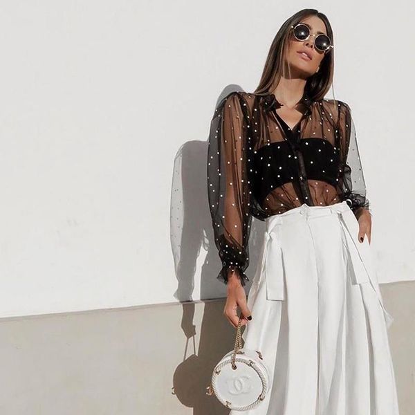 

fashion women sheer mesh see through blouses and shirts polka dot ladies long sleeve clothing black color women's &, White