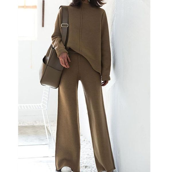 

women's two piece pants autumn fashion women knitted sweater solid color loose long sleeve casual two-piece set streetwear office lady, White