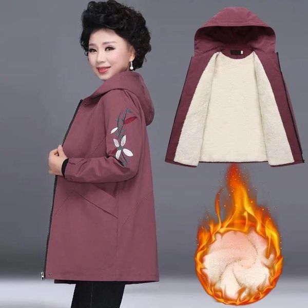 

women's trench coats the mother autumn winter clothes long style embroidered jacket plus fat size middle-aged elderly velvet windbreake, Tan;black
