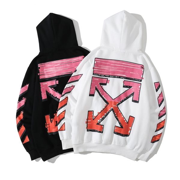 

off stripe arrow white plush hooded letter men's and women's same loose coat, Black