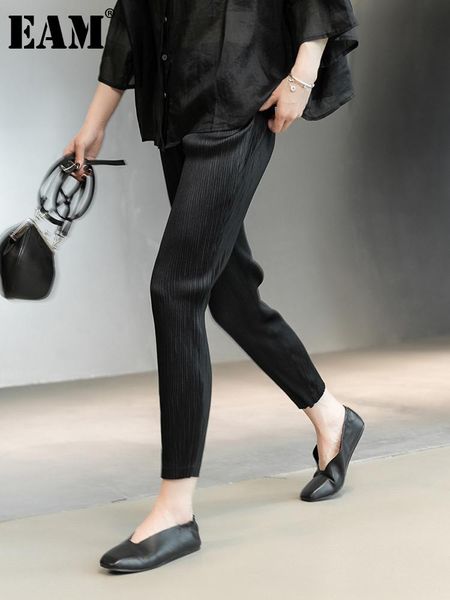 

women's pants & capris [eam] high elastic waist black brief pleated long trousers loose fit women fashion tide spring summer 2021 1de12, Black;white