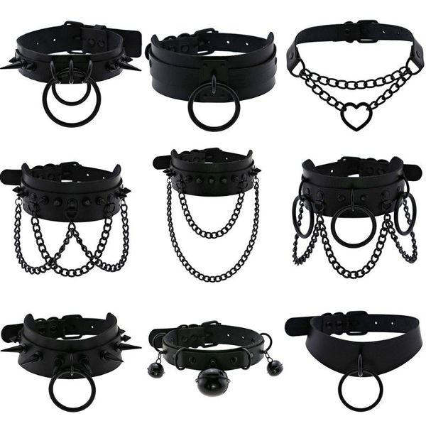 

chokers initial necklace pu leather black goth punk rock choker necklaces for women men 2021 hip hop bondage cosplay festival jewelry, Golden;silver