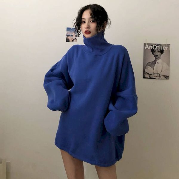 

turtlene sweatshirt women solid color all-match loose streetwear women harajuku oversize chic fashion korean gothic clothes, Black