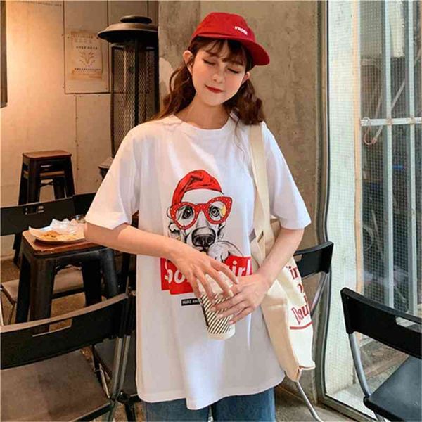 

simple letter printed casual loose dog printed cute sweet fresh college wind cotton o-neck short sleeve female women t-shirts 210522, White