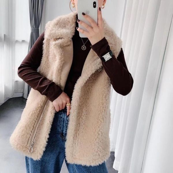 

women's vests outwear plus size 2021 fashion motocycle sheep fur korean women vest, Black;white