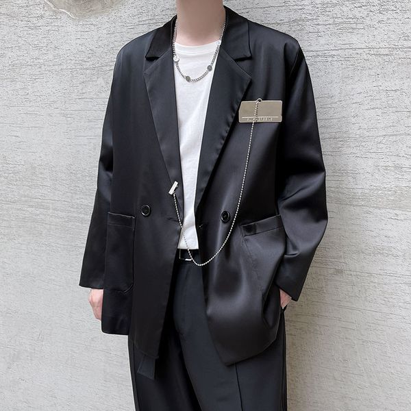 

men's shiny fabric double breasted suit coat autumn 2021 new korean trend long sleeve suit coat fashion thin blazer 9y8394, White;black