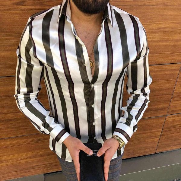 

men's casual shirts striped streetwear slim fit black white long sleeve shirt men autumn silk satin digital printed blouse, White;black