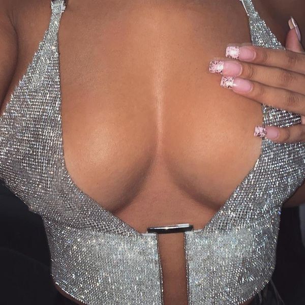 

summer womens silver glitter cropped tank halter deep v neck backless shirt party club wear, White