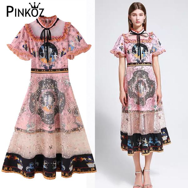 Runway Designer estilo chique ângulo flor impresso de alta qualidade midi vestido retalhos laço rendas ruched arco rosa robe mujer vestidos 210421