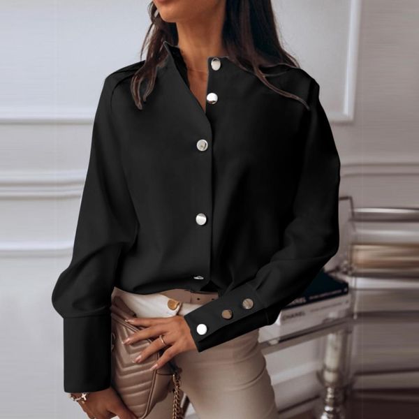 

summer casual long sleeve womens blouses button turndown collar g3, White