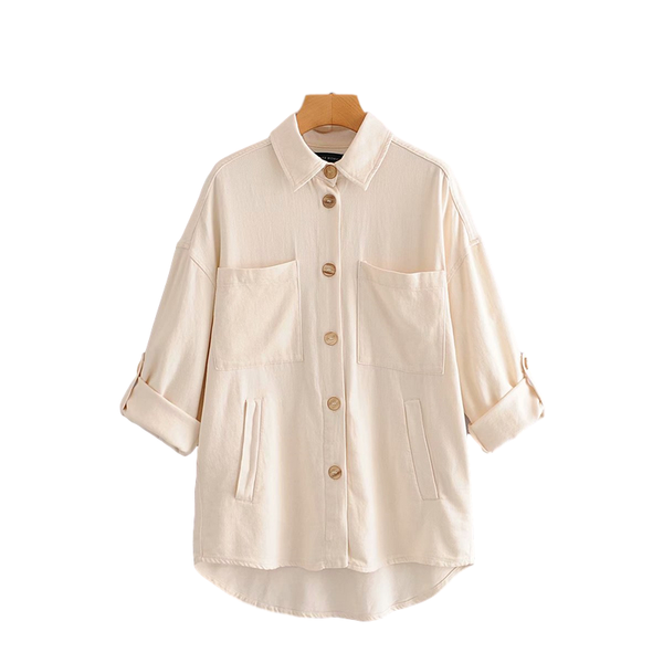 

women's blouses & shirts vintage women solid beige 2021 fashion ladies elegant pocket shirt female causal loose girls button, White