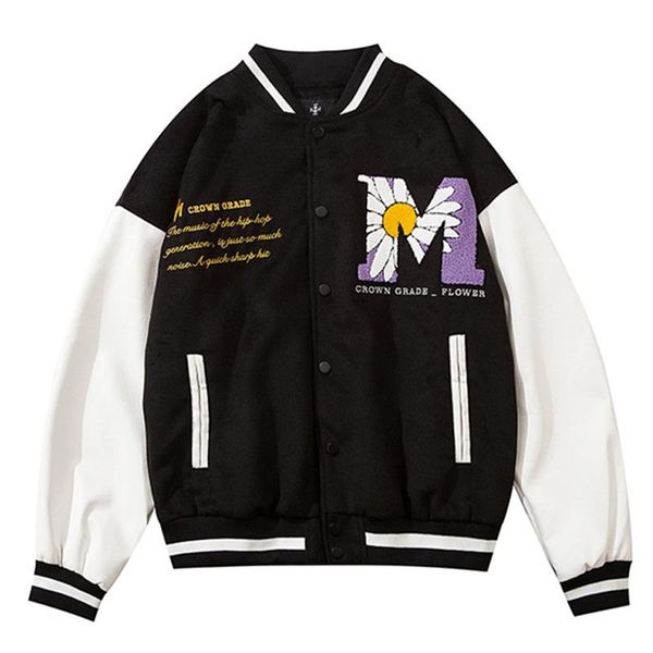 

men's jackets pu leather daisy bee towel embroidery baseball jacket men 2021 spring casual streetwear mens hip hop fashion loose coats, Black;brown