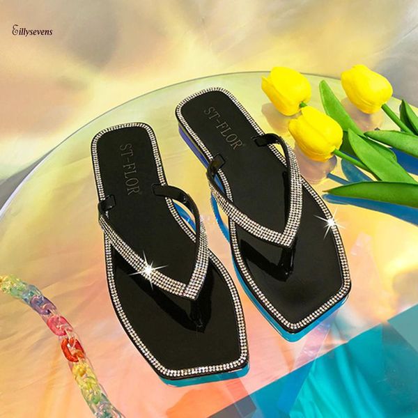 

slippers fashion crystal falt summer outside women shoes flip flops non-slip sandals chaussure femme, Black