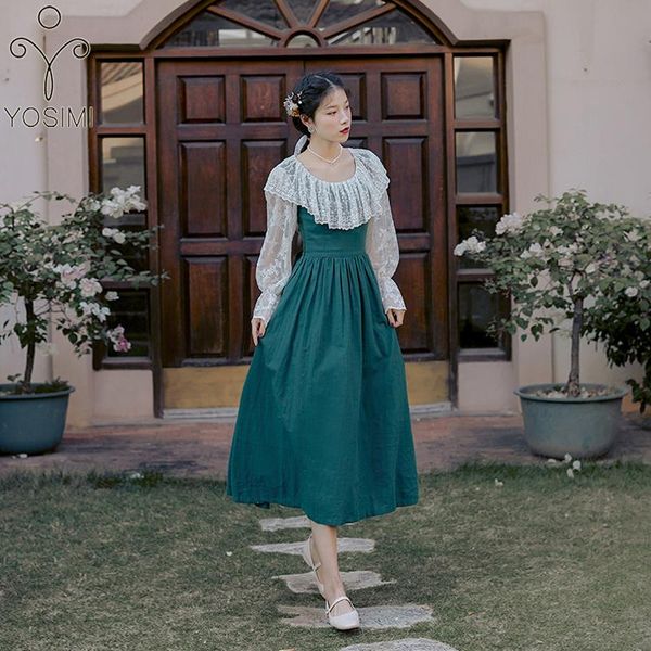 

casual dresses yosimi prairie chic cotton women dress 2021 spring lace embroidery o-neck full sleeve mid-calf fit and flare green long, Black;gray