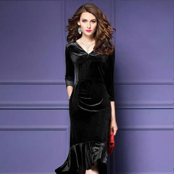

casual dresses fad spring nice v neck solid color elegant dress feminine high waist fishtail banquet lady mermaid party velvet, Black;gray