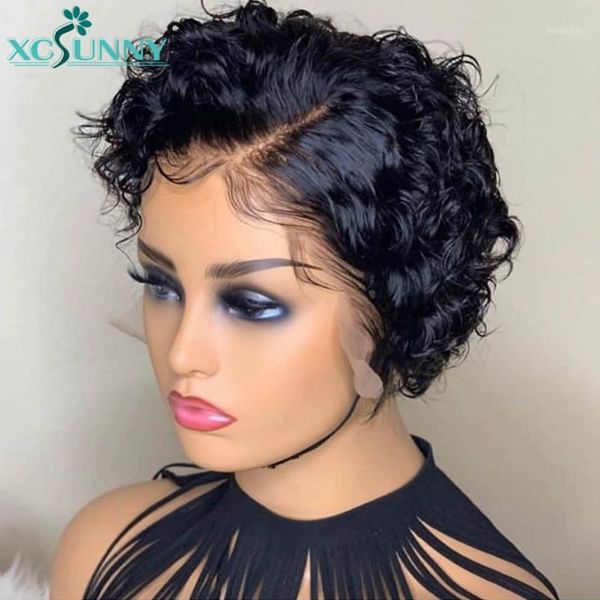

13x6 lace front short curly bob wig part 150 density 13x4 frontal deep human hair remy brazilian xcsunny1, Black;brown