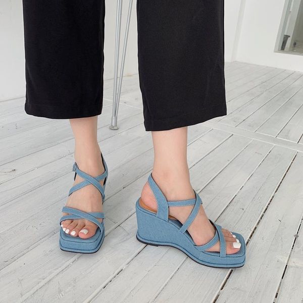 

sandals fashion denim narrow band gladiator women wedges high heel pumps shoes cross strap summer outdoor open toe slides, Black