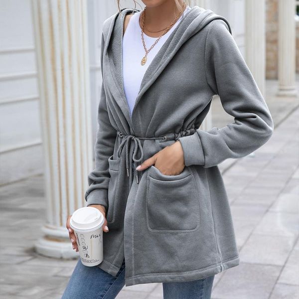 

women's trench coats hoodies women fashion long sleeve hooded stylish casual mid-length pocket solid color drawstring sweatshirt top, Tan;black