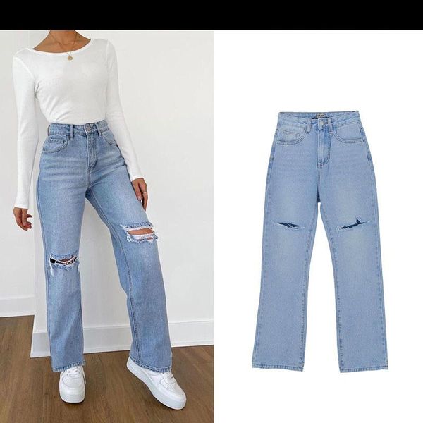 

women's jeans 2022 streetwear high waist fashion gial's straight long pants loose denim bagge broken hole mom trousers, Blue