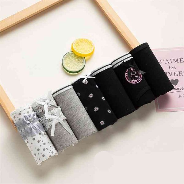 

7pcs cotton briefs lace pantie breathable soft lingerie women's underpant girls comfort woman underwear solid colors 210730, Black;pink