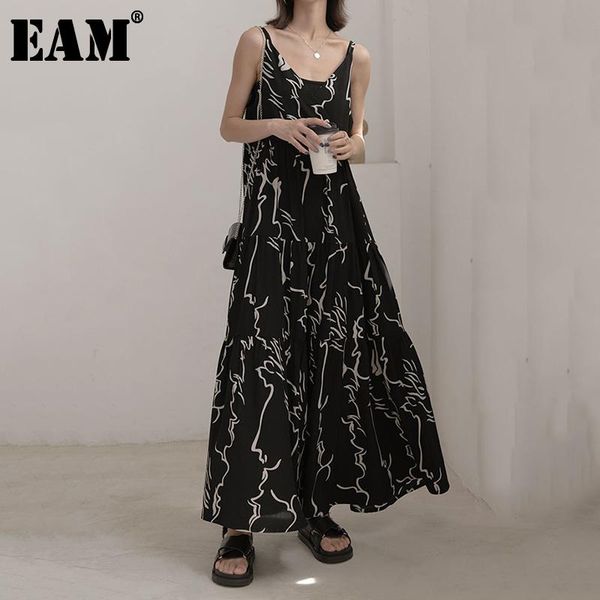 

[eam] women spaghetti strap black pattern print long dress sleeveless loose fit fashion tide spring summer 2021 jz457 casual dresses, Black;gray
