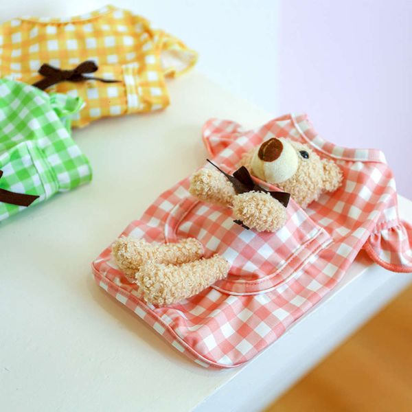 

pet clothing teddy bear dog cat spring and summer back plaid flying sleeve shirt