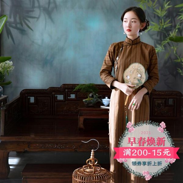 

chinese style retro republic traditional stripe xiangyun gauze silk long sleeve single cheongsam ethnic clothing, Red