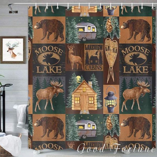 

shower curtains forest wildlife bear deer rustic cottage , waterproof fabric curtain bathroom decor