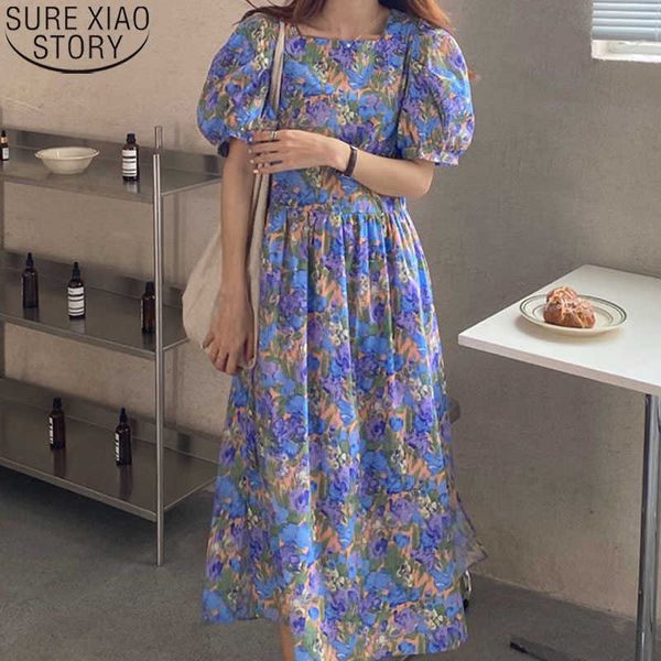 

summer dress fashion women long dress floral casual loose puff sleeves mid-length elegant ladies dresses vestidos 14509 210527, Black;gray