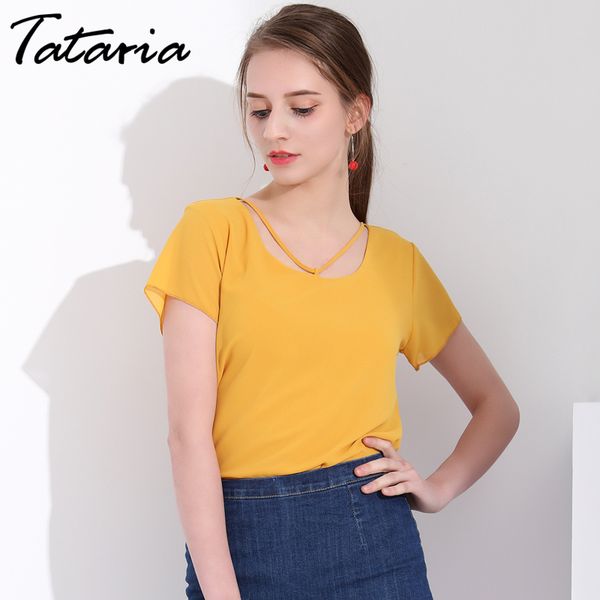 

tataria womens chiffon blouses femme casual o-neck short sleeve woman summer ladies shirts blusas slim camicetta donna 210514, White