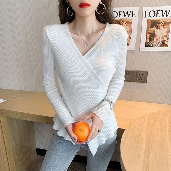 

women's sweaters spring autumn white black cross v-neck slim-fit pullover femme long sleeve basic knitted sweater bottoming shirt