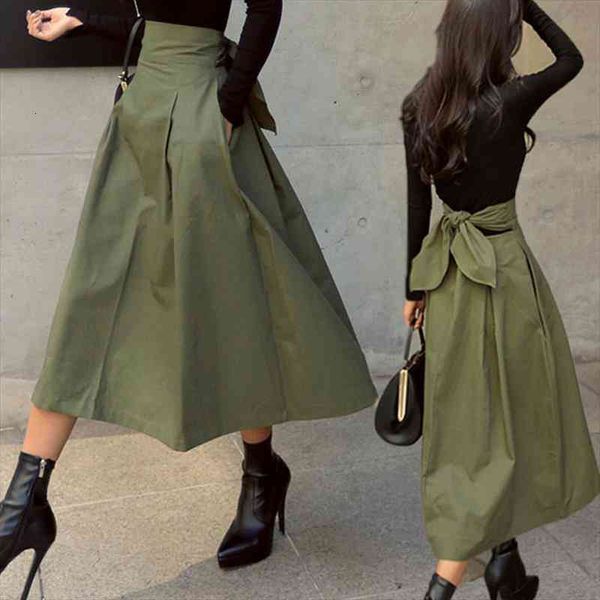 

skirts womens korean fashion solid color big swing ladies skirt long skirt autumn wild high waist bow slim skirts, Black