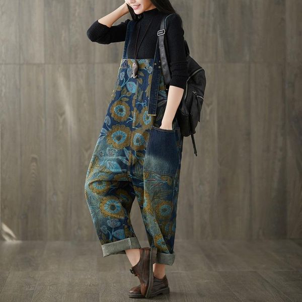 

autumn women floral print blue jumpsuit and winter casual vintage pockets plus size jumpsuits trousers women's jeans